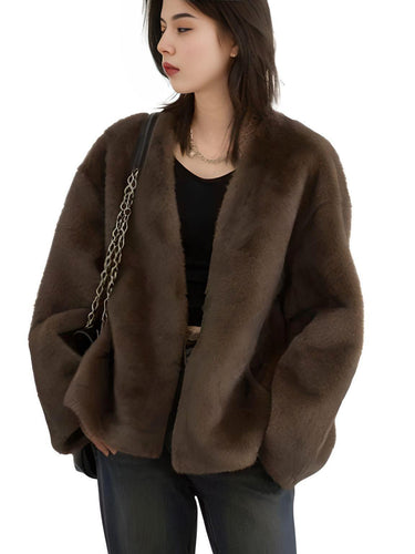 Women's Plush Jacket Loose Casual Solid Overcoat Female Coat V-Neck Woman Outerwear Autumn Winter, Drestiny, Coats, Jackets, One Size, Long Sleeves, Coffee, Dark Brown, Beige, shopdrestiny.com, women's coats, women's jackets, plush coats, women's plush coats, united states, united kingdom, australia